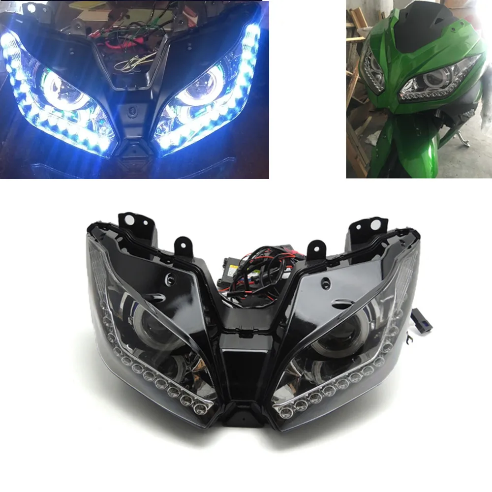Headlight for Kawasaki Ninja 250 Ninja 300 2013 2016 LED Angel Eye Blue Demon Eye Motorcycle HID