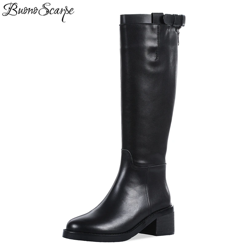 

Buono Scarpe Round Toe Knee High Boots Buckle Strap Zipper Black Botas Mujer Square High Heel Brand Designer Big Size Shoes