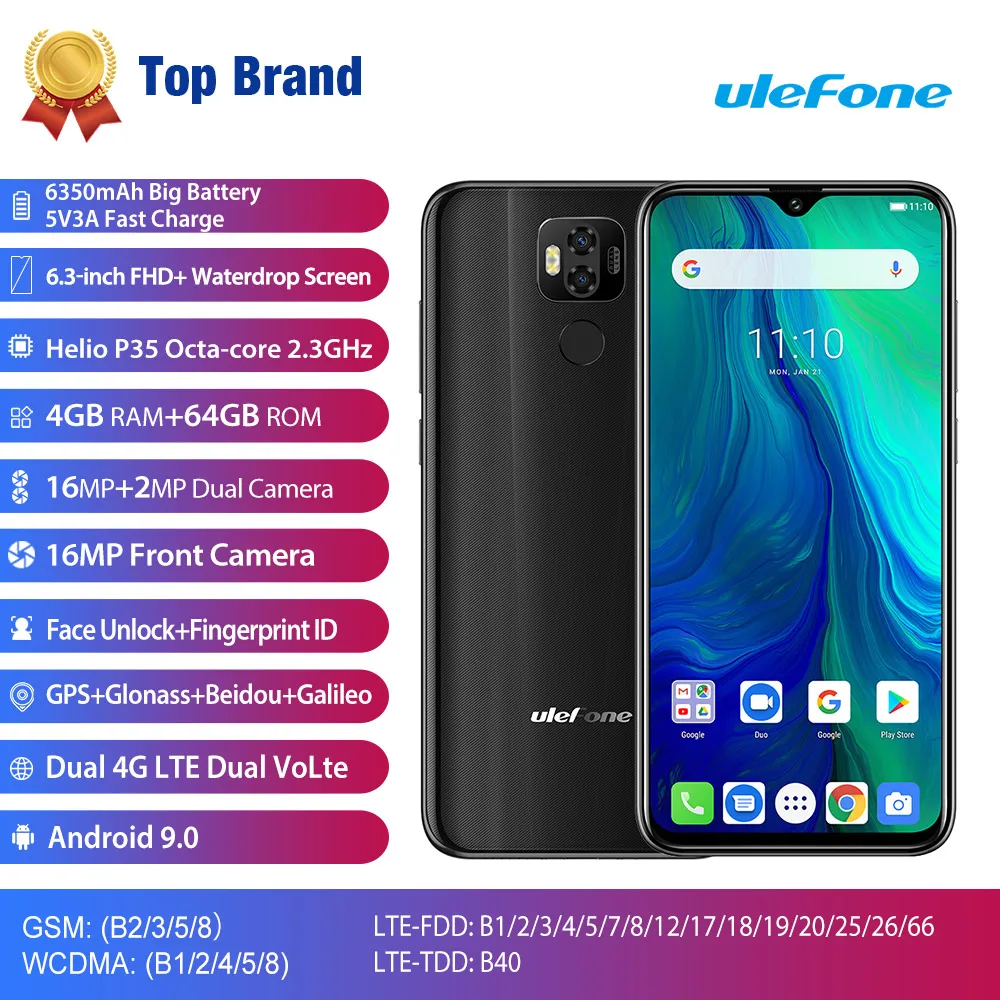 Смартфон Ulefone power 6, Android 9,0 Helio P35, четыре ядра, 6350 мАч, 6,3 дюйма, 4 ГБ, 64 ГБ, 16 МП, face ID, NFC, 4G, мобильные телефоны по всему миру