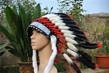 

Free shipping black with red color indian feather headdress replica made handmade feather headpiece headband costume