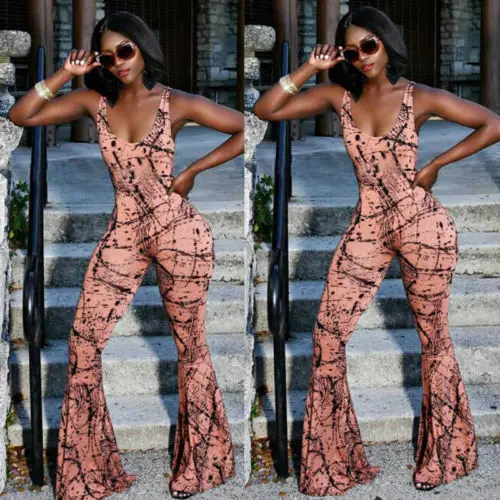 

Women Summer Backelss Low-cut Jumpsuit Slim Printed Long Flared Trousers Fashion Chic Sleeveless Ladies Wide Leg Pant Summer