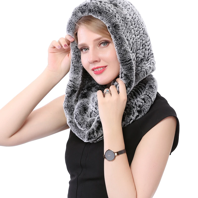 Futrzane Cappuccio Sciarpa Ecopelliccia Maglia Di Lana Donna D/'inverno
