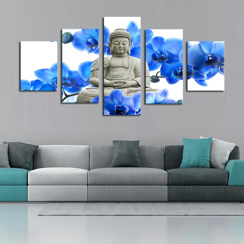 Unframed 5 Panels Modern Blue Flowers Buddha HD Picture Canvas Print