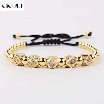 

OIQUEI Cubic Zircona Geometric Polygon Men Bracelets Adjustable Luxury Jewelry Gold Round Copper Beads Charm Bangles Bracelet