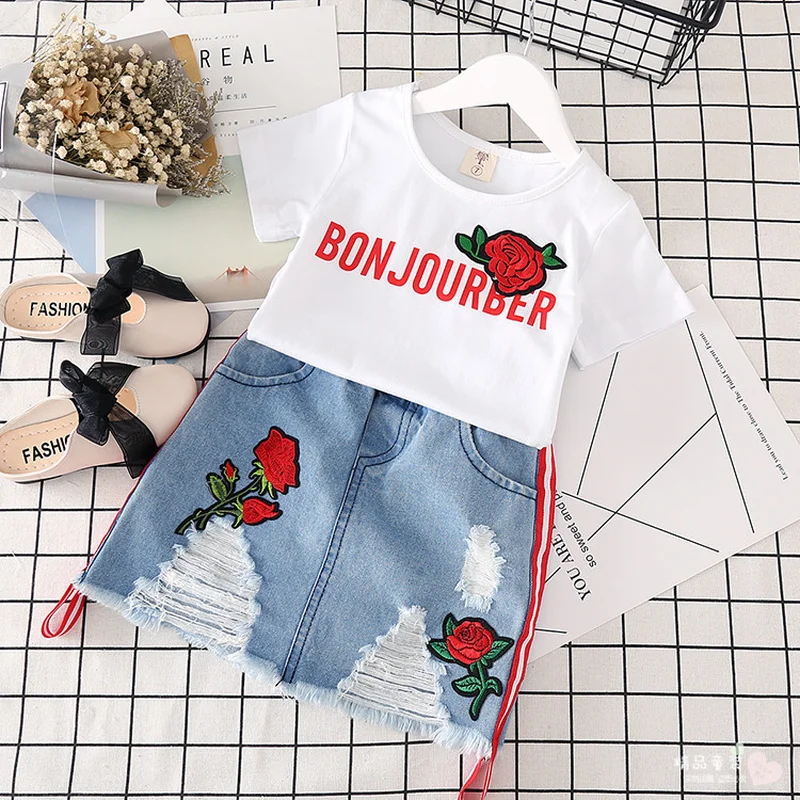 

Yorkzaler 2019 New summer children clothing girls 2pcs clothes set rose flower shirt +skirt set fashion design girls suit