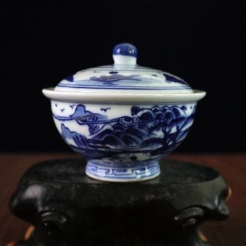 

Antique porcelain pot Kangxi annual blue and white landscape figure figure cover bowl