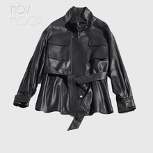 Корейский стиль ветровка женская черная натуральная кожа Топ класс овчины пальто куртки передние накладные карманы casaco ropa LT2484