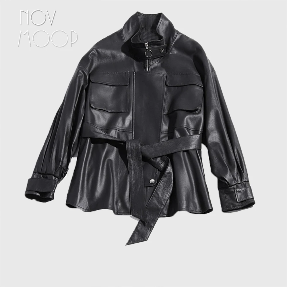 

Korean style windbreaker women black genuine leather top grade lambskin coats jackets front patch pockets casaco ropa LT2484