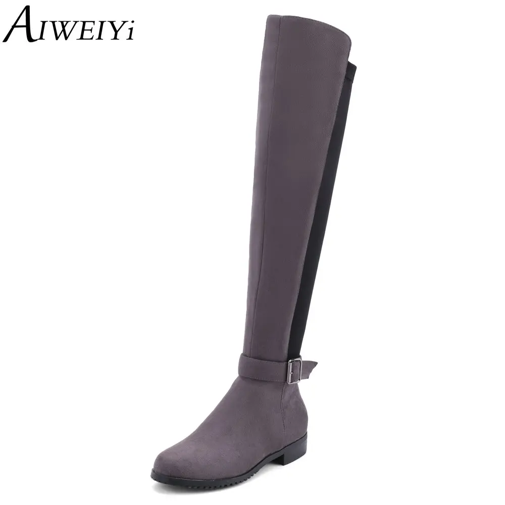 

AIWEIYi New Fashion Over the Knee Boots for Women Flock Round toe Thick Heels Thigh High Boots Stretch Fabric Shoes Woman