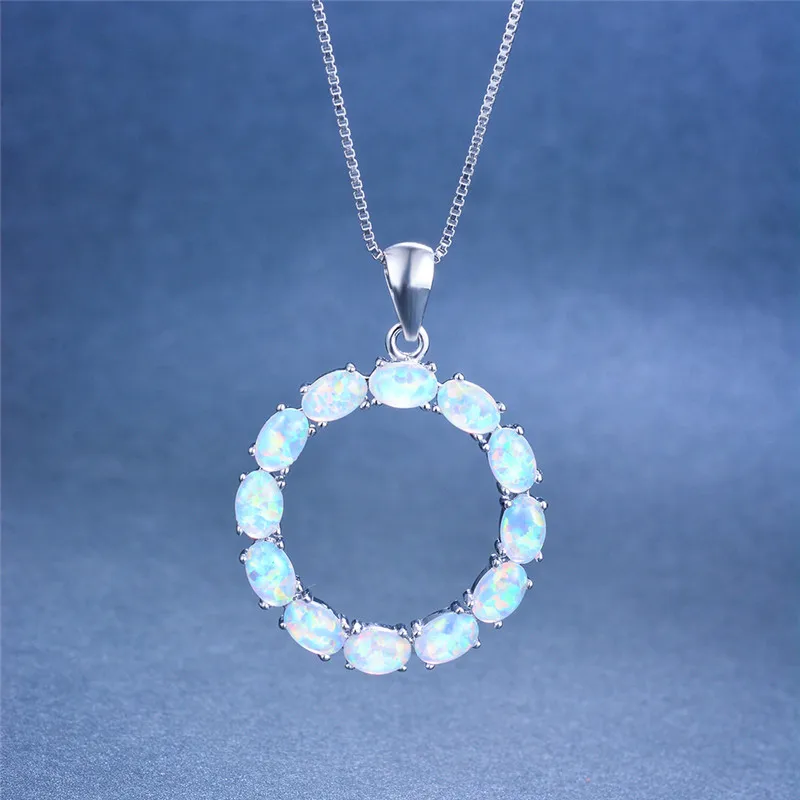 

Luxury Female Big Oval Pendants Necklaces Fashion 925 Sterling Silver Purple Necklace Blue White Fire Opal Necklaces For Women