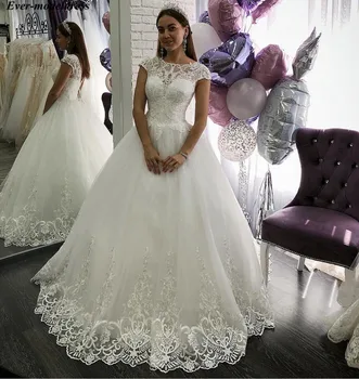 

Vestido de Noiva 2019 Wedding Dresses Ball Gown Cap Sleeves Appliques Beaded Sequins Lace Up Boho Bridal Gowns Robe De Mariee