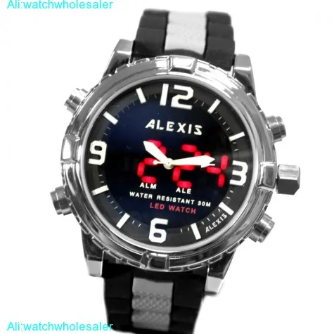 AW801C Water Resist Silicone Black Band Unisex Dual Time Alexis  Dual Time Watch