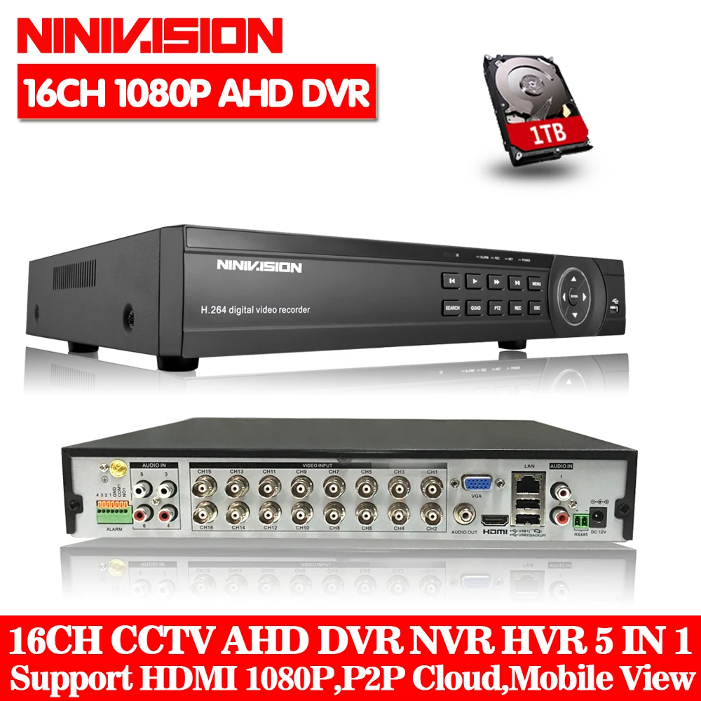 NINIVISION 16CH AHD видеорегистратор AHD TVI CVI HD 1080P видео Регистраторы H.264 CCTV Камера Onvif сетевой 16-канальный видеорегистратор IP NVR мульти-языковой, 1 ТБ