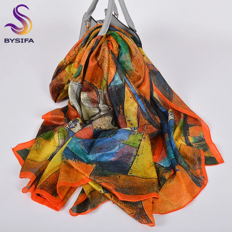[BYSIFA] осень зима женские шарфы Мода Оранжевый Синий 100% чистый шелк длинный шарф шаль дамы шейные шарфы обертывания