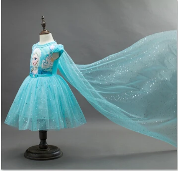 Большие размеры, для детей от 3 до 10 лет, летние платья для девочек с героями мультфильмов для костюмированной вечеринки Снежной Королевы детское модное блестящее платье принцессы в Корейском стиле+ накидка - Цвет: sky blue