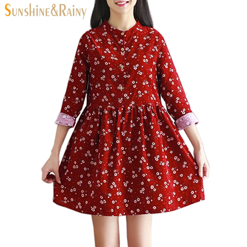 2017 Japanese korean style long sleeved autumn fall all match fashion small flowers print floral fashion corduroy woman dress 2017 Japanese korean style long sleeved autumn fall all match fashion small flowers print floral fashion corduroy woman dress