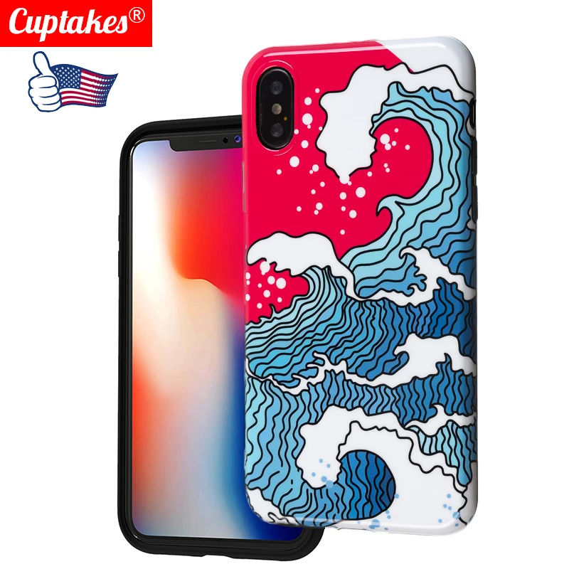 

Luxury Glossy Phone Case for iPhone 7 8 Plus 6 6S Plus Cover X 10 XS MAX XR 8Plus 7Plus Coque Funda Great Wave Blue Sea Art Capa