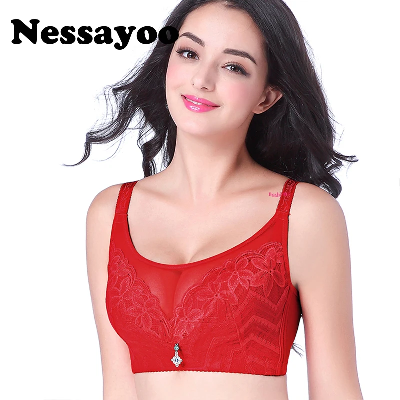 Nessayoo Wide shoulder straps and comfortable full cup B C D cup brassiere  40 42 44D Sexy lace bra Red Black BeigeThin underwear - AliExpress