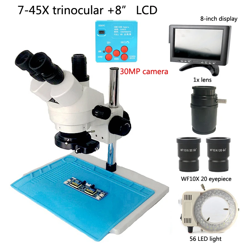 

7X 45X Coaxial Trinocular Zoom Stereo Microscope +New HD 30MP HDMI Zoom Microscope Camera + 8''LCD, Repair Tool