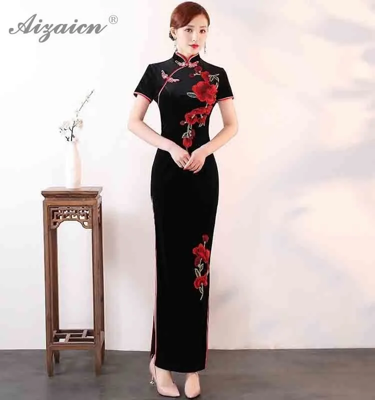 Модные бархатные вышивкой Cheongsam платья Китай элегантный тонкий китайское платье Ципао традиционные Костюмы Женская Роба в восточном стиле