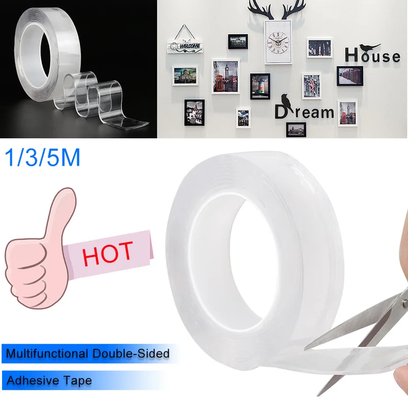 

1/3/5 Blue Film Nano Multi-functional Magic Double-sided Tape, Two-sided Traceless Washable Masking Tape Adhesive Tape Hot Sale