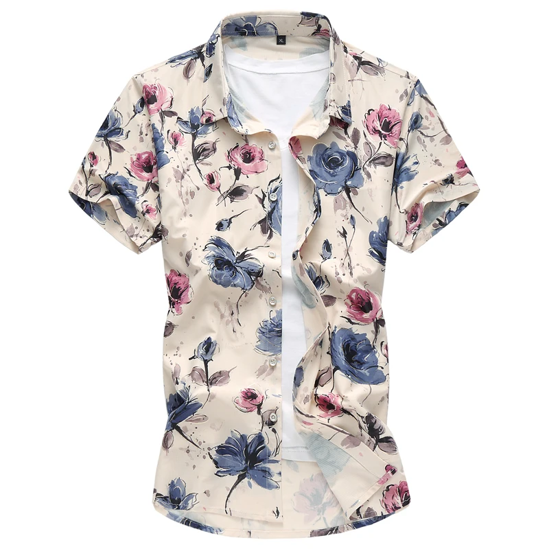 QUANBO Плюс Размер 6XL повседневные рубашки Новое поступление Летняя Цветочная гавайская рубашка модная растягивающаяся рубашка с коротким рукавом Camisa Masculina