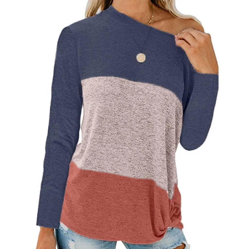 

Feitong Women's Solid Patchwork Long Sleeve Blouse Ladies Stitching Knotted Off-Shoulder Top Blouse Blusas Mujer De Moda 2019