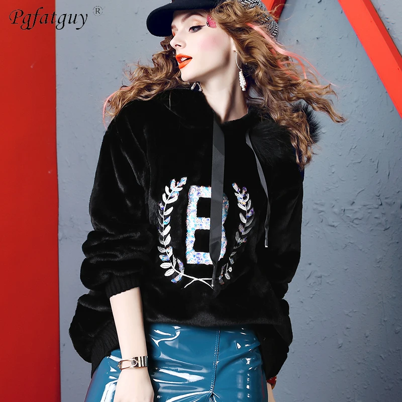 Big Fur Hooded Long Sleeve Letter Leaves Embroidery Sequined Spliced Loose Sweatshirt 2019 Autumn Winter Black Pullover Hoodies