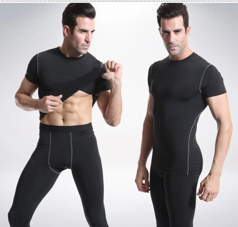 Комплект мужской одежды для бега компрессионная рубашка брюки трико костюм спортивные костюмы фитнес-Спортзал Бодибилдинг футболка леггинсы черный спортивный костюм