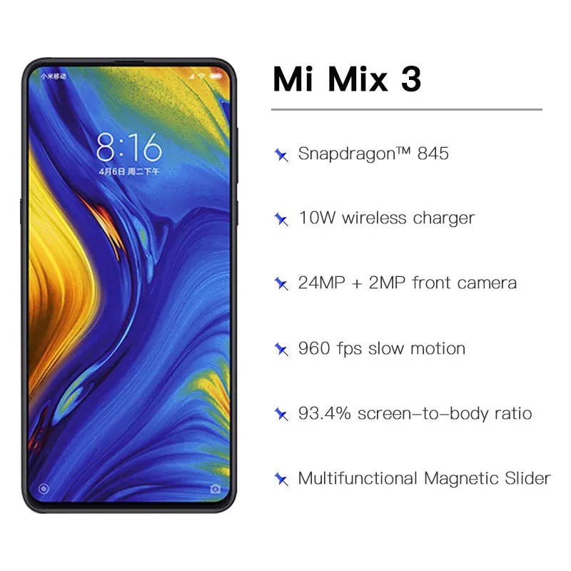 Глобальная версия Xiaomi Mi Mix 3 6GB 128GB Snapdragon 845 Octa Core Smartphone 24.0MP Передняя камера