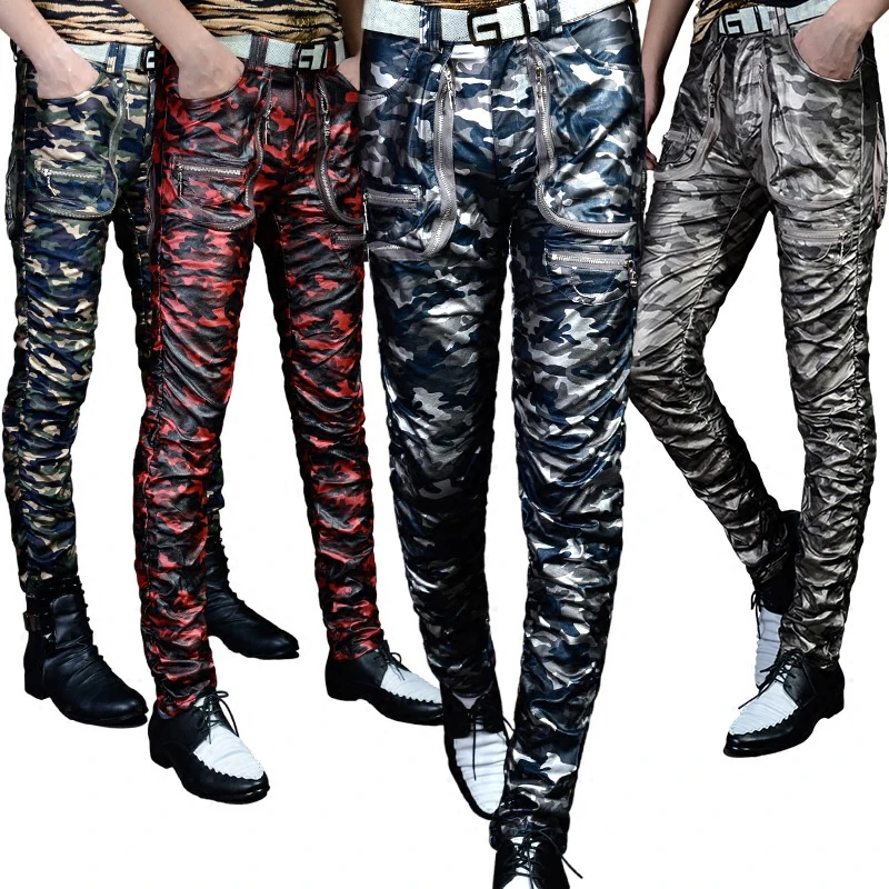 

Spring young men leather pants Slim personality locomotive trend men and women puppet pants camouflage PU leather pants