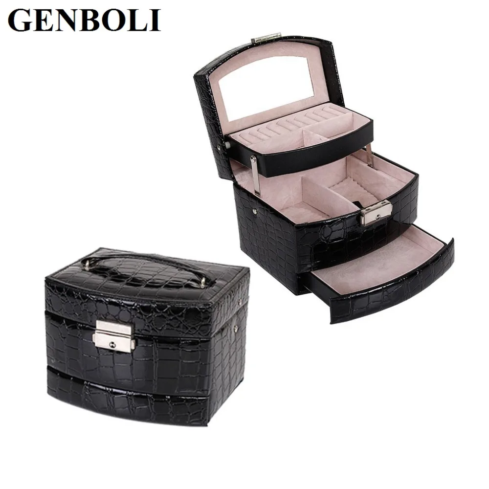 Hot! Three Layers Jewelry Display Storage Box Rings Necklace Earrings Jewelry Carrying Case Automatic Buckle Black/Red Color Jewelry Packaging