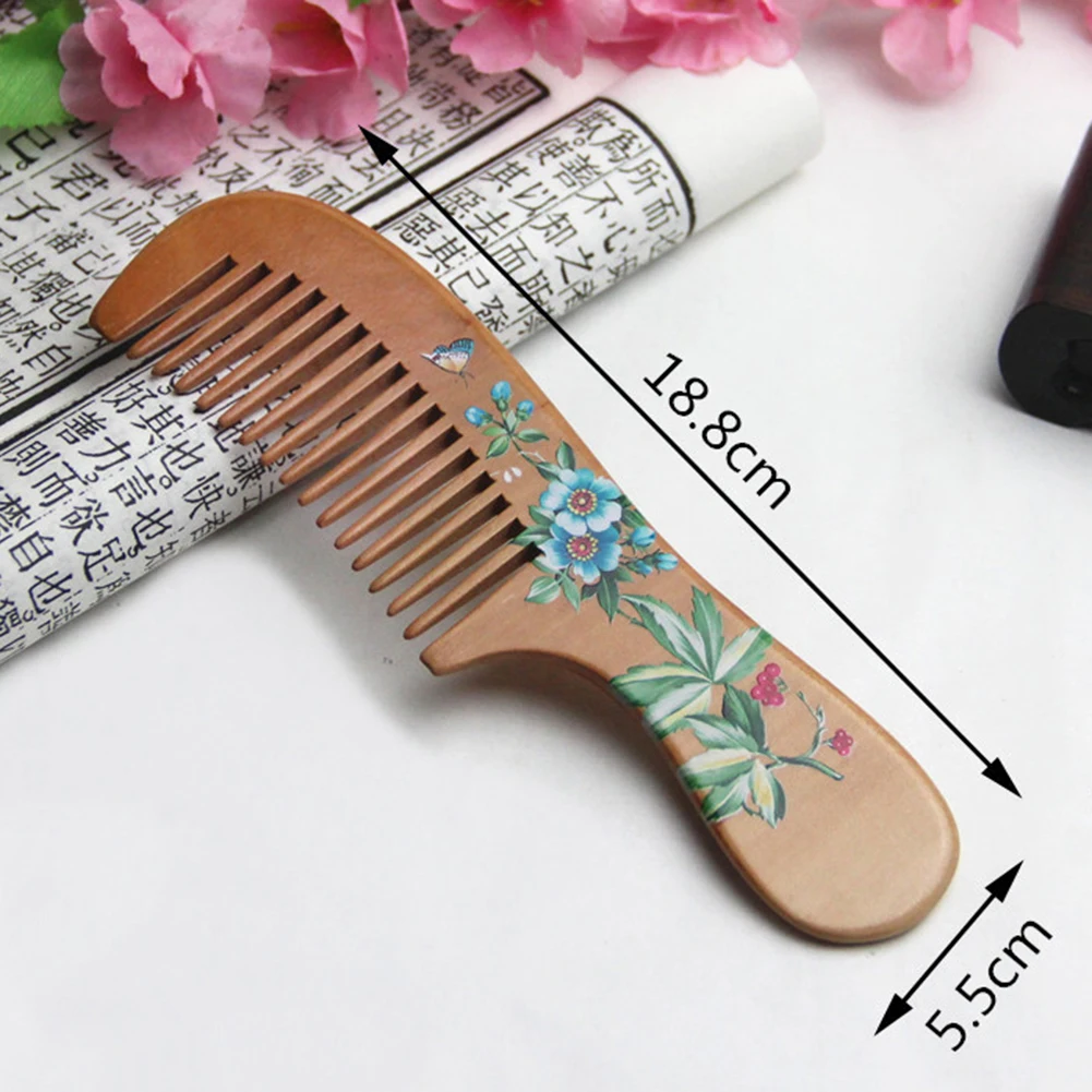 Flower Painted Chinese Peach Wood Comb  Healthy Scalp Massage Anti-Static Comb Hair Care Wooden Gift Beauty Tool 5