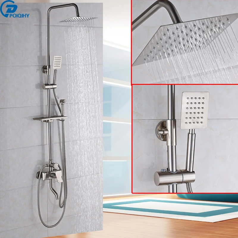 

POIQIHY Brushed skill Brushed Bathtub Bathroom Mixer Tap Solid Shower Faucet Shower Head+Handheld head