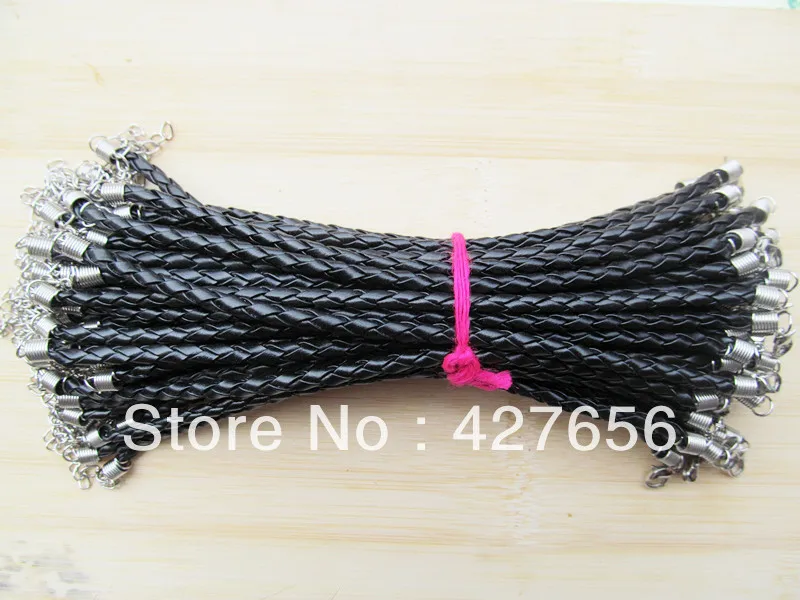 

50pcs 4mm Black Faux Braid Leather Bracelet Cord,1.8inch Extender Chain,12x7mm Lobster Clasp,DIY Accessory Jewelry Making