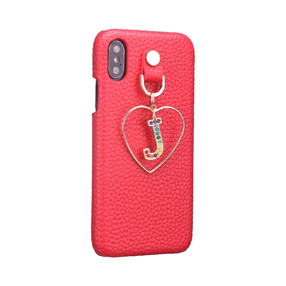 

Heart Gold Pendant Gold Rhinestone Diamonds Custom Initial Pebble Grain Leather Case For iPhone 6S XS Max XR 7 7Plus 8 8Plus X