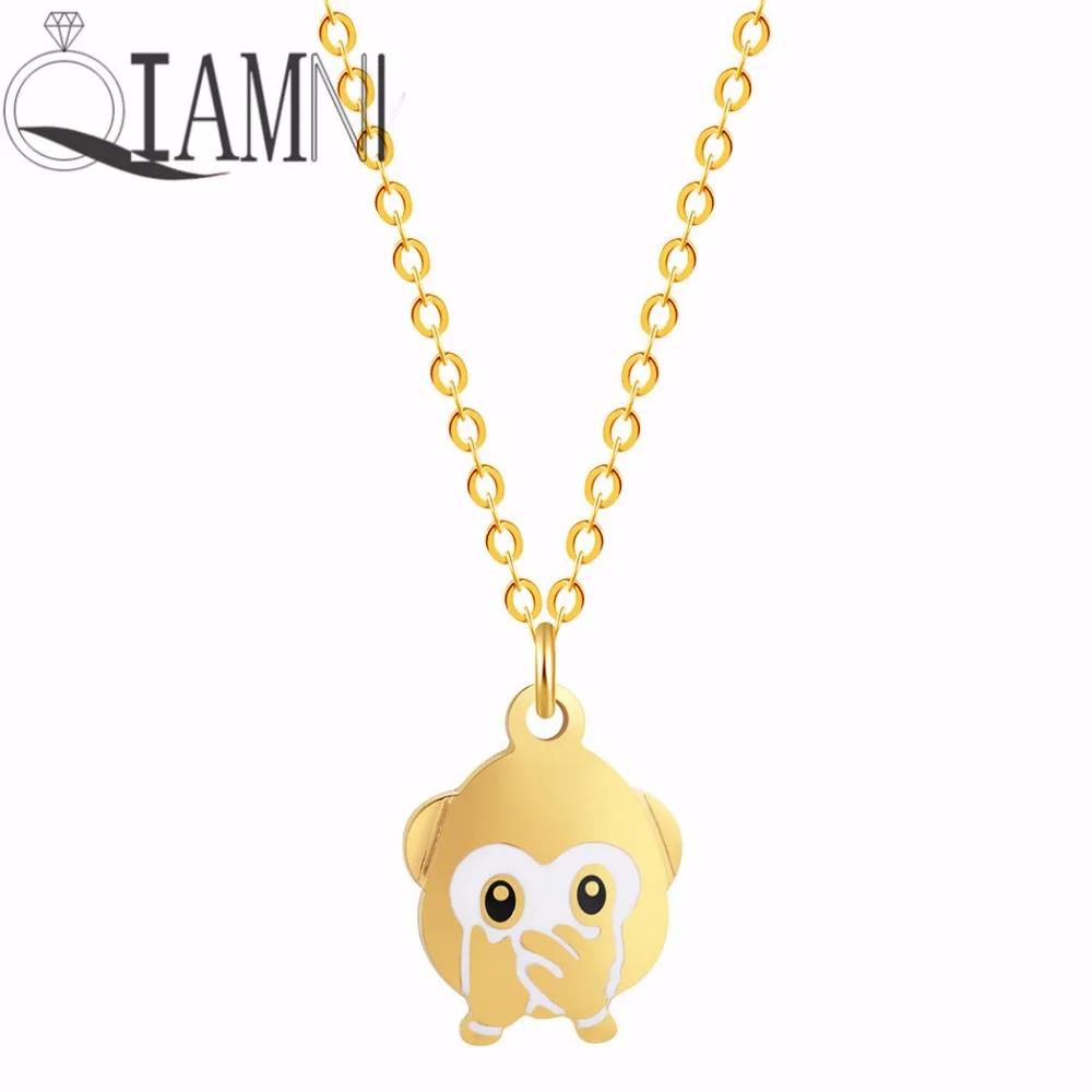 

QIAMNI Stainless Steel Monkey Necklace Pendant Cover One's Mouth Emoji Expression Collars for Women Friendship Christmas Gift