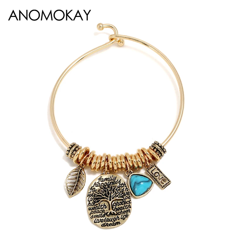 

European American Vintage Vogue DIY Leaf Tree Heart Charm Bracelet & Bangle Gold Color Bead Cuff Bracelets for Men Women Jewelry