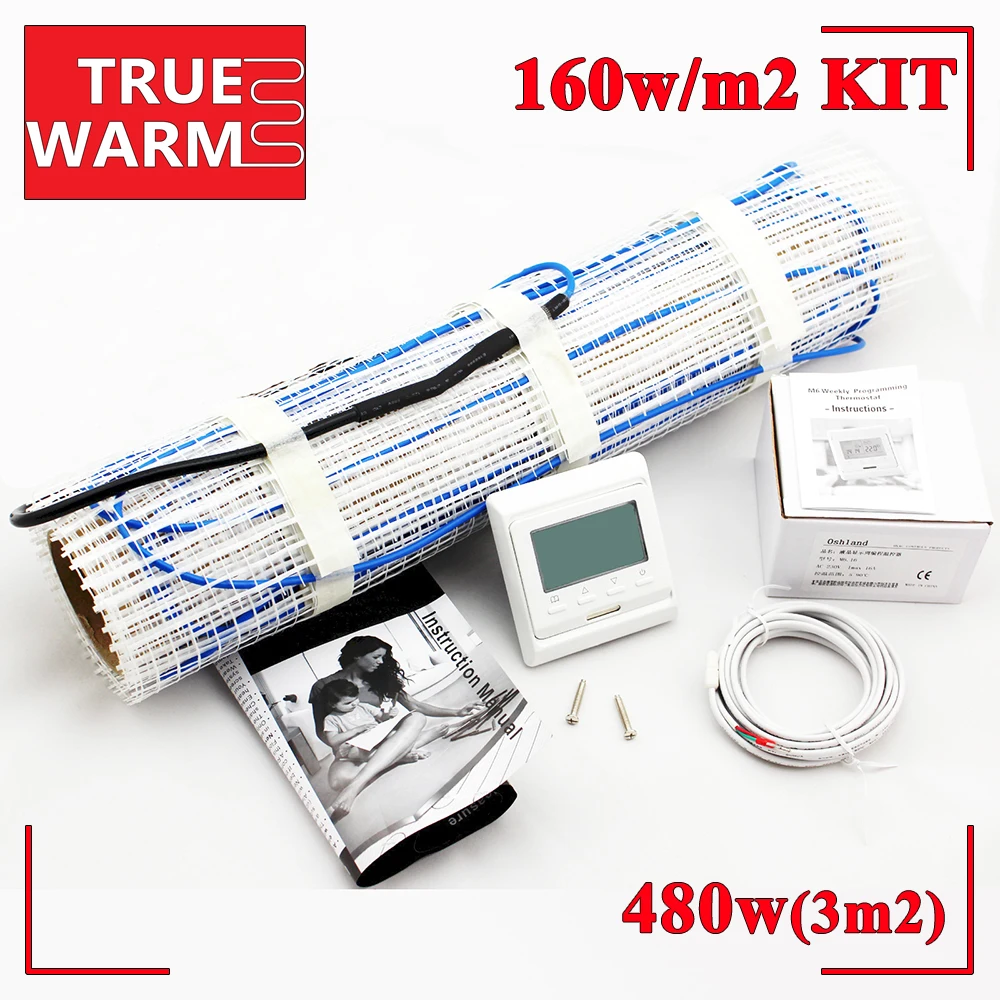 

3SQM 160W/M2 Underfloor Heating Mats Kit With Digital Thermostat For Floor Heating Room, Wholesale T160-3.0