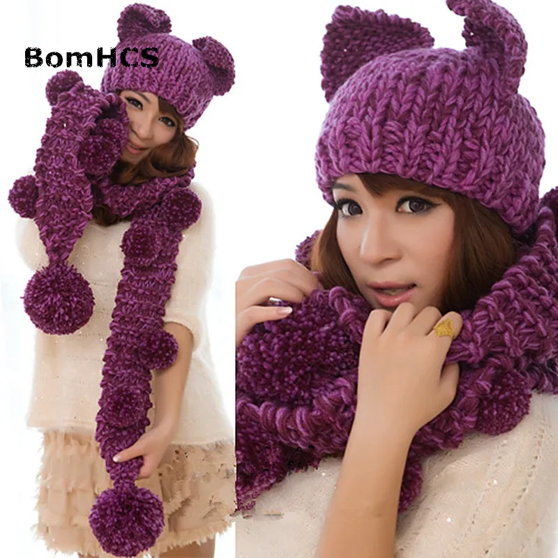 

BomHCS Cute Ears Very Warm Women's Winter Handmade Knitted Hat Beanie & Scarf with Pom