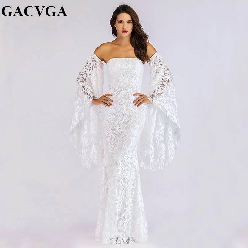 

GACVGA 2019 White Lace Dress Autumn Sexy Maxi Dress Flare Sleeve Strapless Elegant Women Evening Party Long Dress