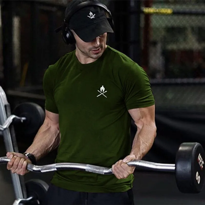 

2019 Men Brand GYM Sport Running T shirt Fitness Slim Breathable Cotton Bodybuilding Tight Mens Tshirt Short Sleeve Men Tee Tops