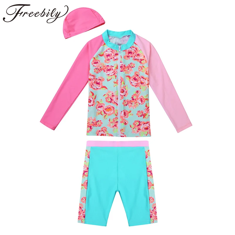 

Girl Two Pieces Swimsuit Toddler Baby Long Sleeve Sunproof Beach Swimwear Child Sunblock Tops Shorts Swim Cap Kids Swim Suits