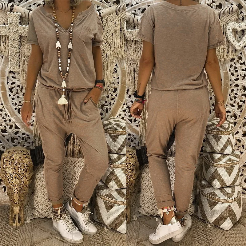 Laamei, женские комбинезоны с рукавами, обтягивающие однотонные повседневные штаны, Модные свободные широкие Длинные Комбинезоны с карманами, 5XL