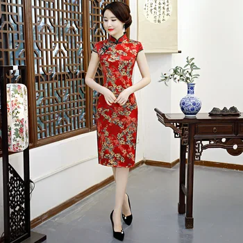 

New Arrival Elegant Short Lady Qipao Casual Oversized Flower Cheongsam Satin Slim Chinese Mandarin Collar Women Dress M-3XL