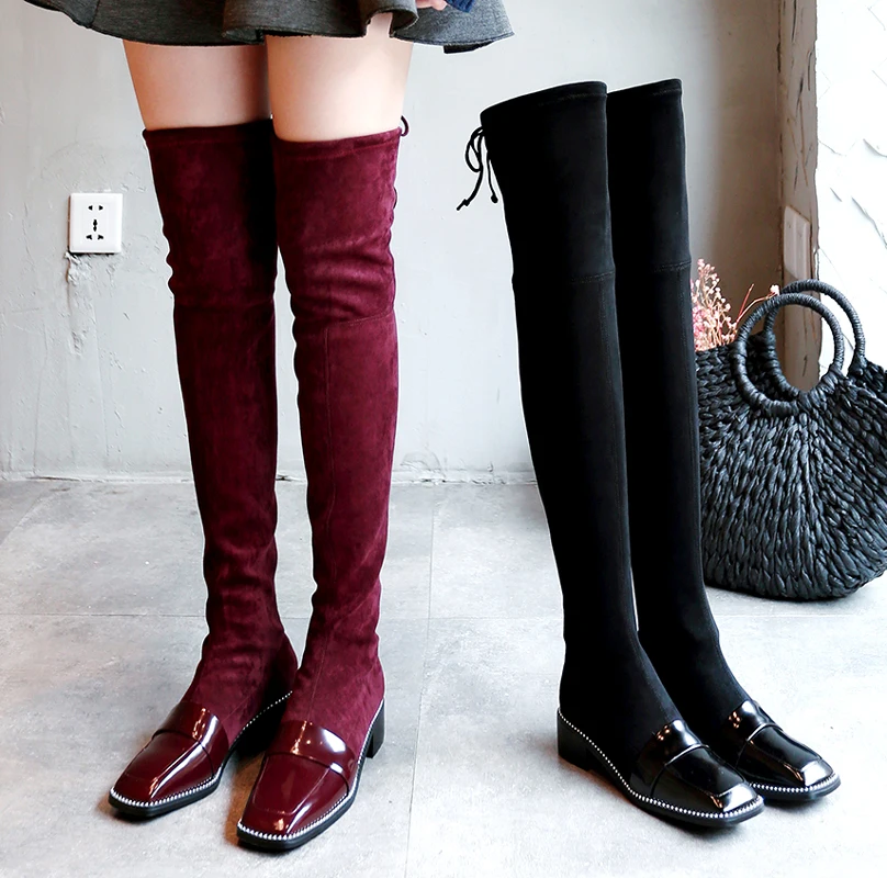 Stylish Rivets Embellished Women Boots Suede Long Booties Back Butterfly Knot Decor Over Knee Boots Square Toe Low Heel Shoes Stylish Rivets Embellished Women Boots Suede Long Booties Back Butterfly Knot Decor Over Knee Boots Square Toe Low Heel Shoes
