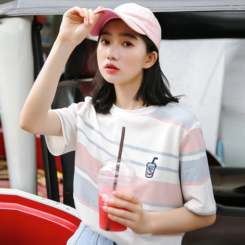 2019 летние полосатые Топы Harajuku Ulzzang футболка для женщин 2018 милые топы школьниц