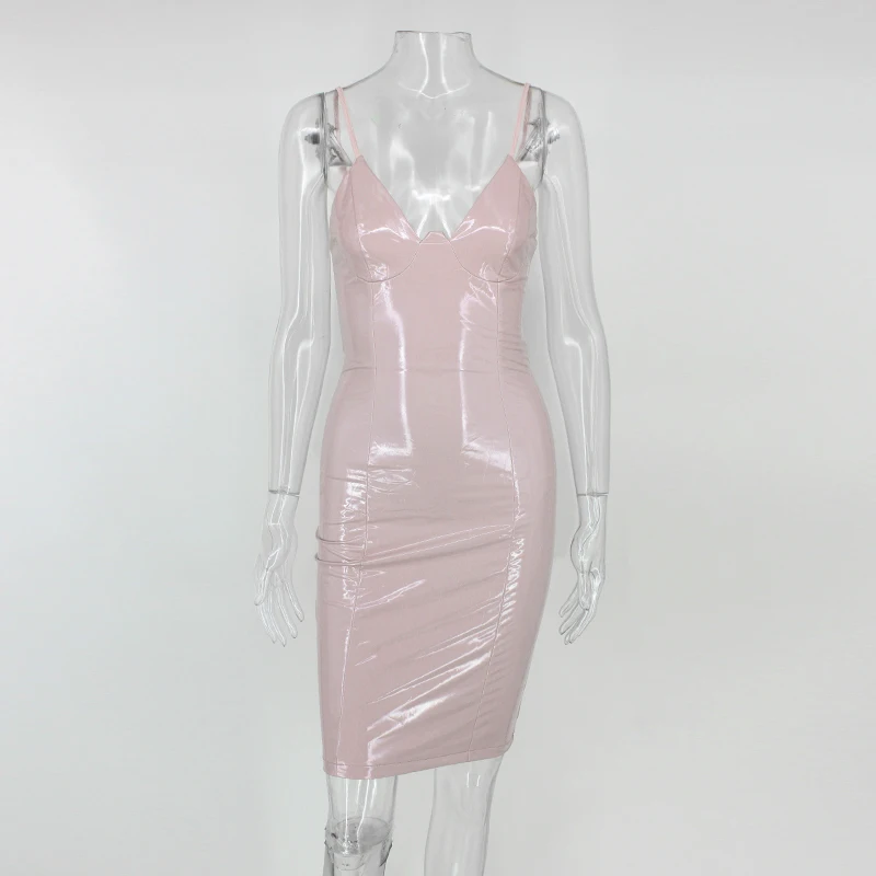 Black Pink Bodycon Zipper Latex Club Wear Mini Dress