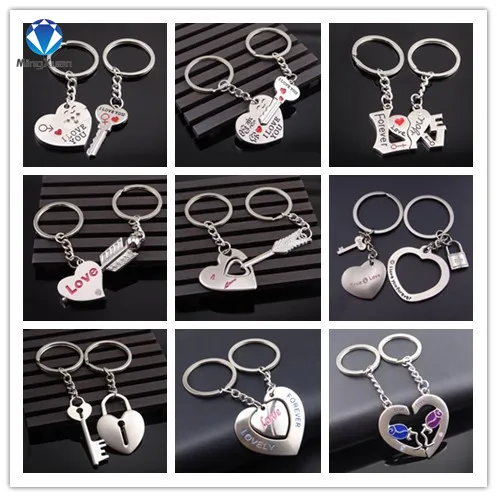 

MINGXUAN 1Pair Couple Keychain Key Ring Silver Plated Lovers Love Key Chain Souvenirs Valentine's Day gift 9 Styles