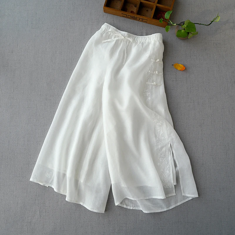 

Spring Summer Women All-match Loose Plus Size Comfortable Chinese Buttons Embroidery Ramie Trousers Elastic Waist Wide Leg Pants